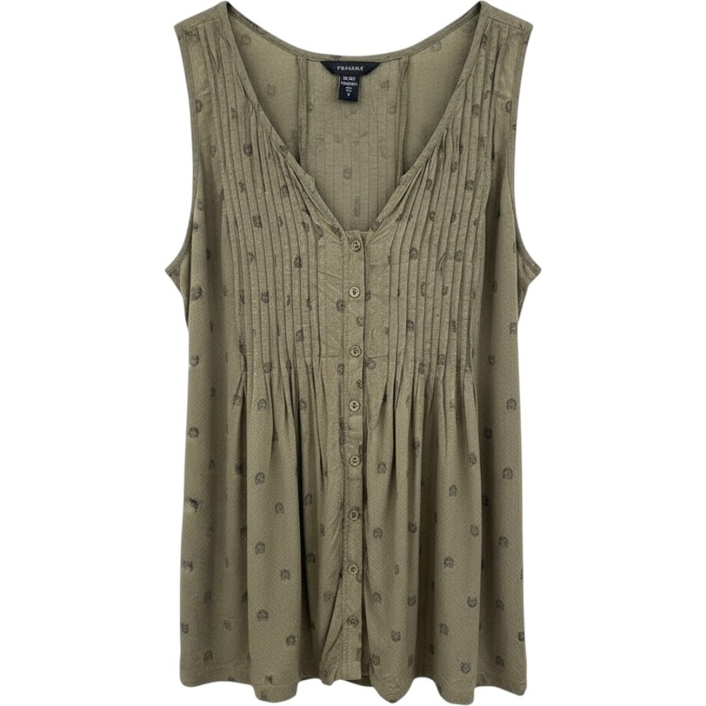 Torrid Women Olive Green Owl Print Pintuck Sleeveless Button Front Blouse Size 3